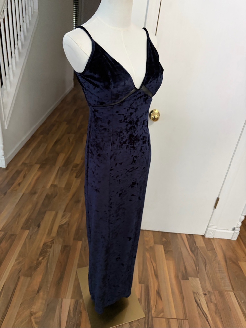 Free People Dark Navy Velvet Maxi Slip Dress, Back Cut Outs Tie Back, Medium